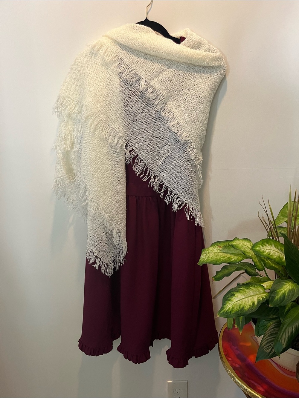 Cream Fringed Shawl Wrap - Cozy Layering Scarf